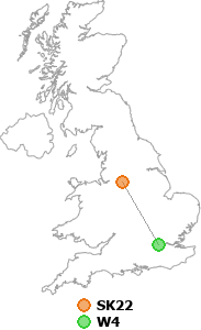 map showing distance between SK22 and W4