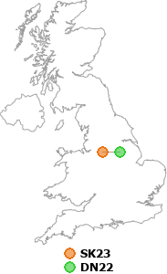 map showing distance between SK23 and DN22