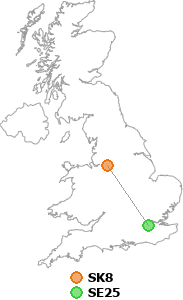 map showing distance between SK8 and SE25