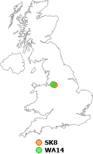 map showing distance between SK8 and WA14