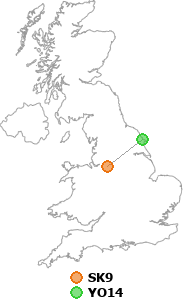 map showing distance between SK9 and YO14