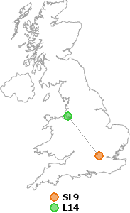 map showing distance between SL9 and L14