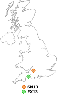 map showing distance between SN13 and EX13