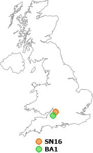 map showing distance between SN16 and BA1