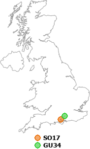 map showing distance between SO17 and GU34