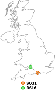 map showing distance between SO31 and BS16