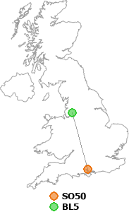 map showing distance between SO50 and BL5