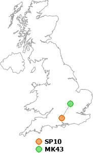 map showing distance between SP10 and MK43