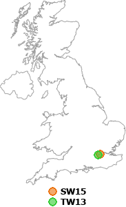 map showing distance between SW15 and TW13