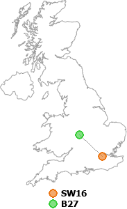 map showing distance between SW16 and B27