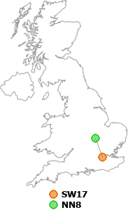 map showing distance between SW17 and NN8