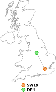 map showing distance between SW19 and DE4