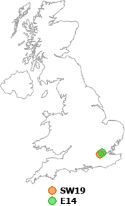 map showing distance between SW19 and E14