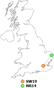 map showing distance between SW19 and NR14