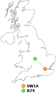 map showing distance between SW1A and B74