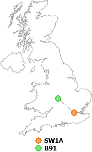 map showing distance between SW1A and B91