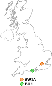 map showing distance between SW1A and BH4