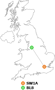 map showing distance between SW1A and BL8