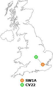 map showing distance between SW1A and CV22