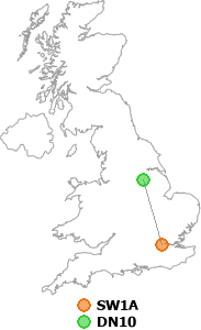 map showing distance between SW1A and DN10