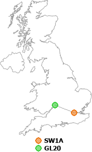 map showing distance between SW1A and GL20