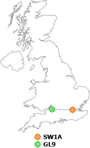 map showing distance between SW1A and GL9