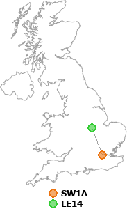 map showing distance between SW1A and LE14