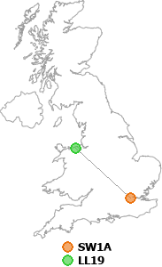 map showing distance between SW1A and LL19