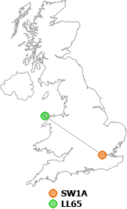 map showing distance between SW1A and LL65