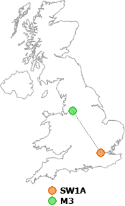 map showing distance between SW1A and M3