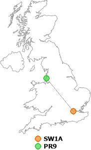 map showing distance between SW1A and PR9