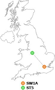 map showing distance between SW1A and ST5