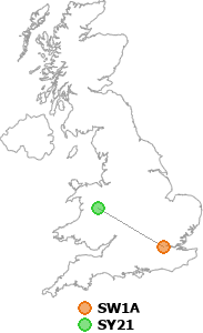 map showing distance between SW1A and SY21