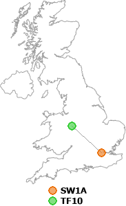 map showing distance between SW1A and TF10