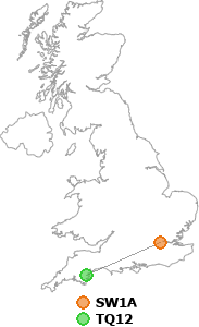 map showing distance between SW1A and TQ12