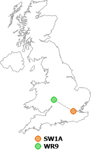 map showing distance between SW1A and WR9