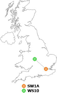 map showing distance between SW1A and WS10