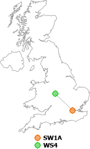 map showing distance between SW1A and WS4