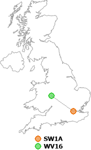 map showing distance between SW1A and WV16