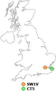 map showing distance between SW1V and CT5