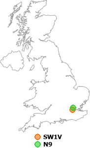 map showing distance between SW1V and N9