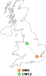 map showing distance between SW6 and CW12