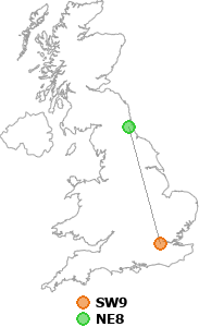 map showing distance between SW9 and NE8