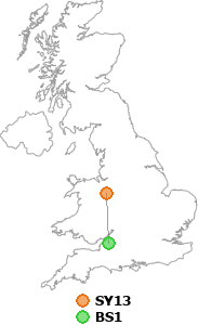 map showing distance between SY13 and BS1