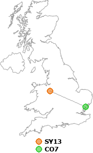 map showing distance between SY13 and CO7