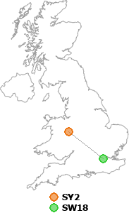 map showing distance between SY2 and SW18