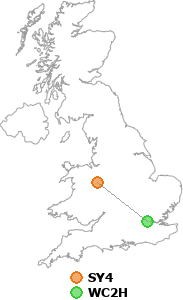 map showing distance between SY4 and WC2H