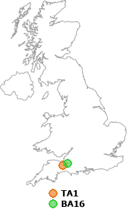 map showing distance between TA1 and BA16