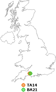 map showing distance between TA14 and BA21