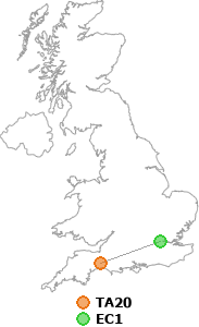 map showing distance between TA20 and EC1